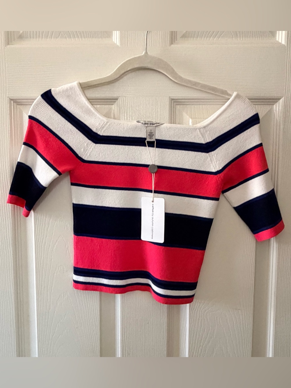 Autumn Cashmere Brand Striped Off The Shoulder Knit Crop Top